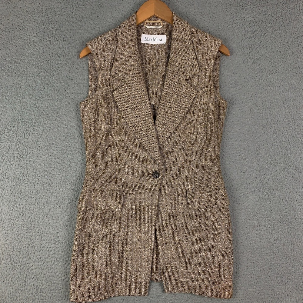 MaxMara Long Tweed Vest Women's 6 Tan Sleeveless Single Button Linen Blend Italy